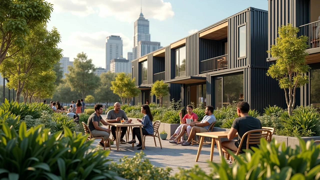 Modern shipping container apartments with communal rooftop garden and urban cityscape—shipping container architecture in action
