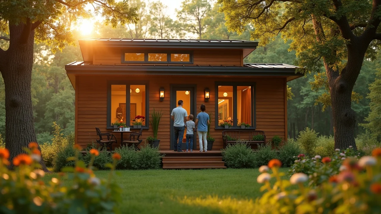 Modern tiny house movement exterior in Louisiana, lush green landscape with welcoming family