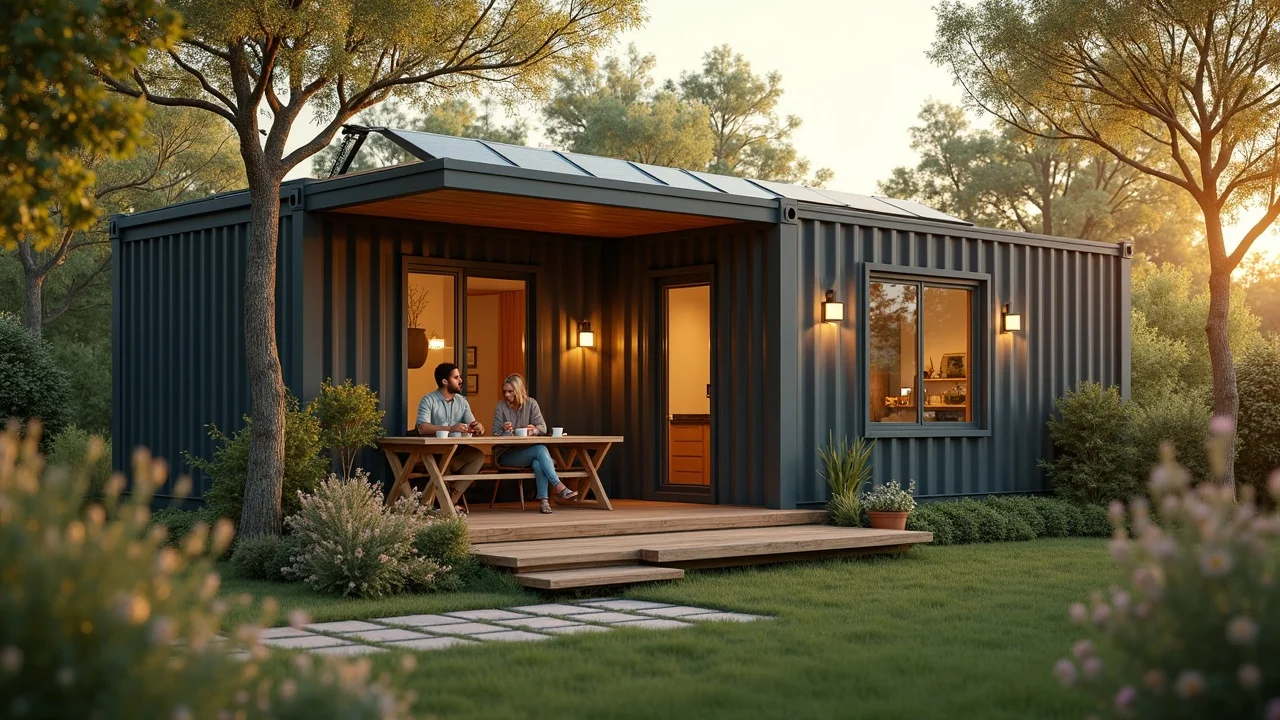 Serene sustainable shipping container home exterior with wildflowers and solar panels in landscaped backyard—eco-friendly container house design