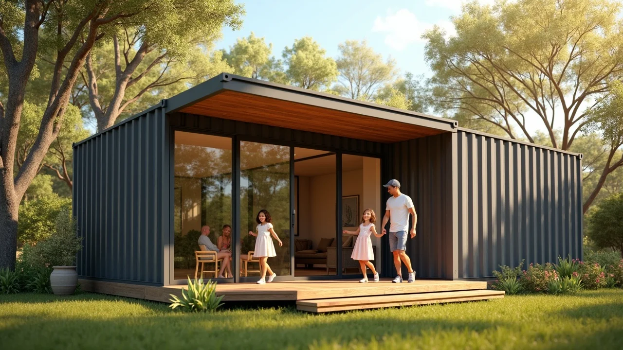 Modern shipping container homes in a sunny suburban Louisiana neighborhood with a welcoming atmosphere, family interacting near stylish container home - container home construction