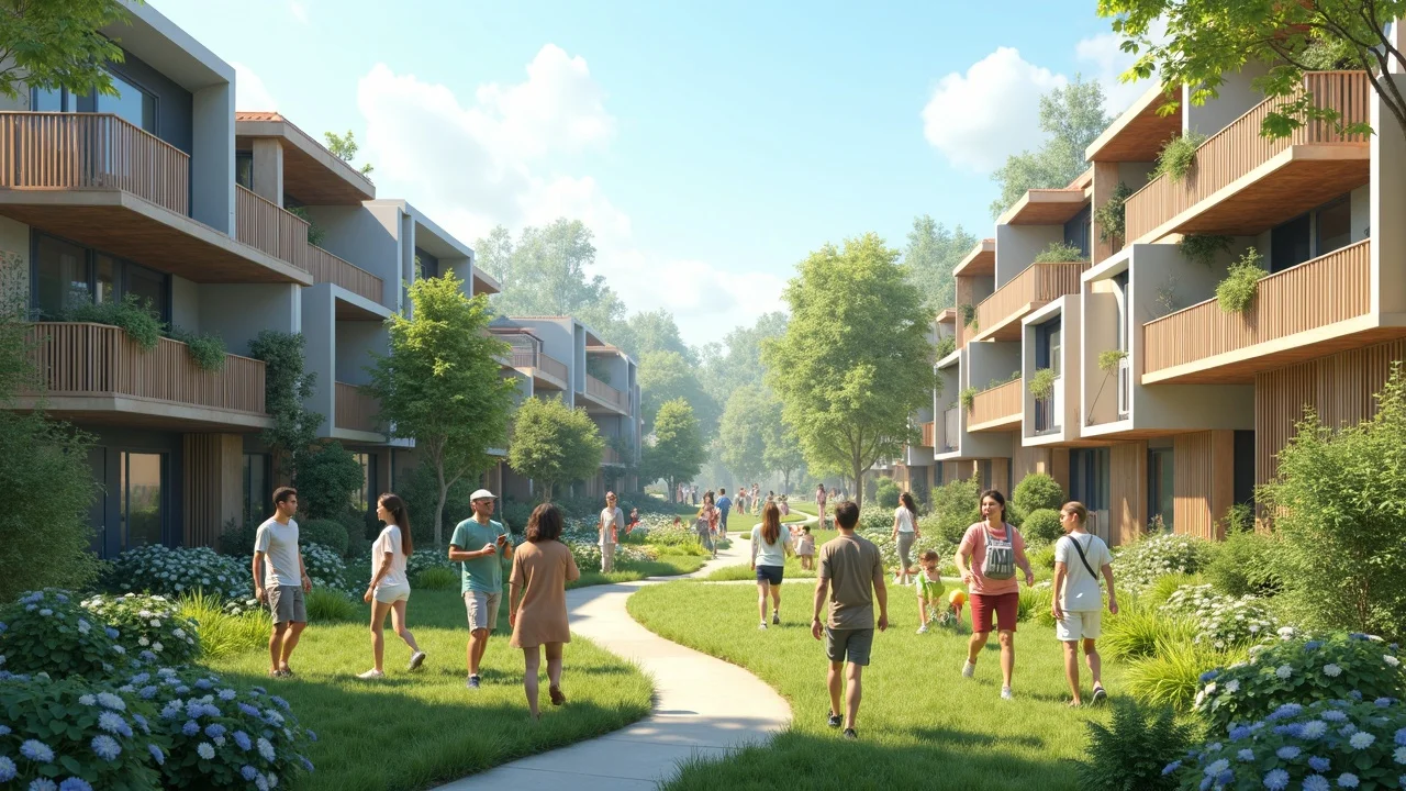 Contemporary mixed-housing community with diverse residents and eco-friendly features - affordable and sustainable housing solutions