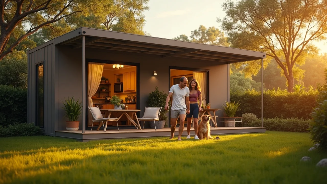 Compact container home with a joyful family playing outside and dog, backyard Louisiana setting, picnic seating and pergola during golden sunset.