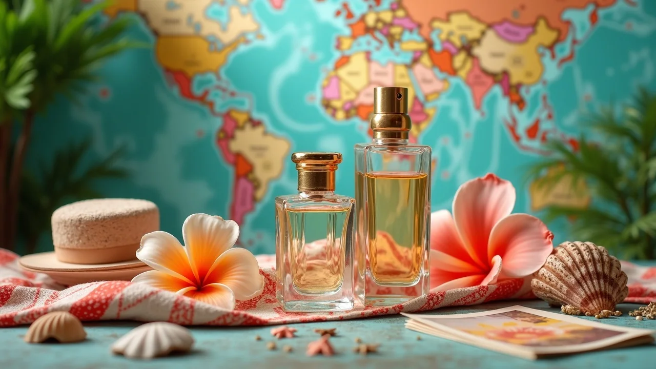 Canada Scents fragrance bottles surrounded by tropical and travel-themed props, reflecting scents suited for travel