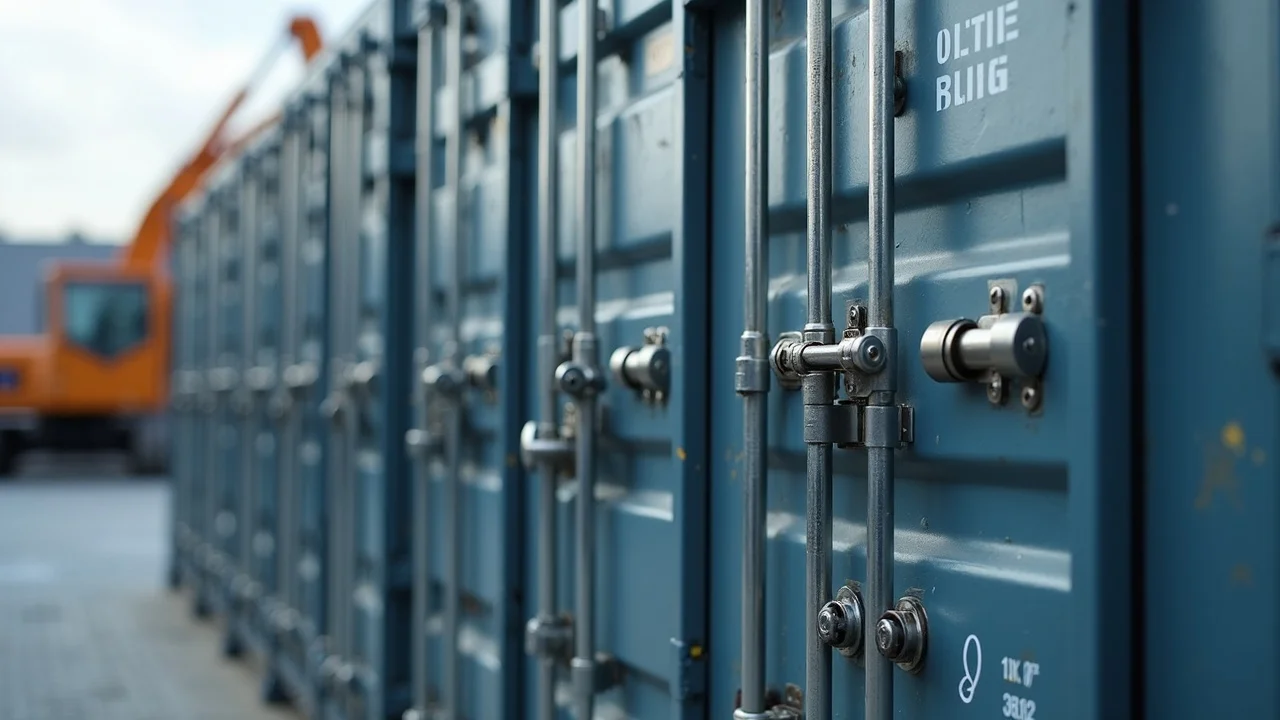 Four advanced container locks on steel shipping unit by ManCo Rentals for top security
