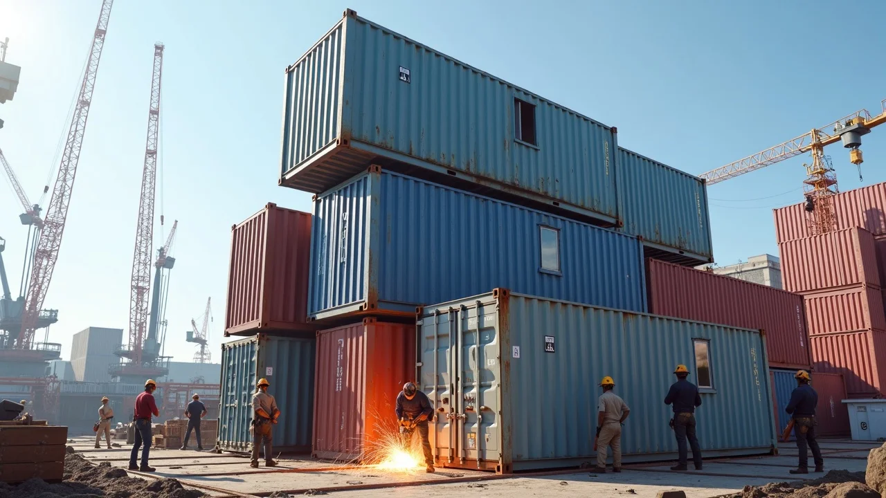 Stacked shipping containers converted into homes with construction workers - container home construction site
