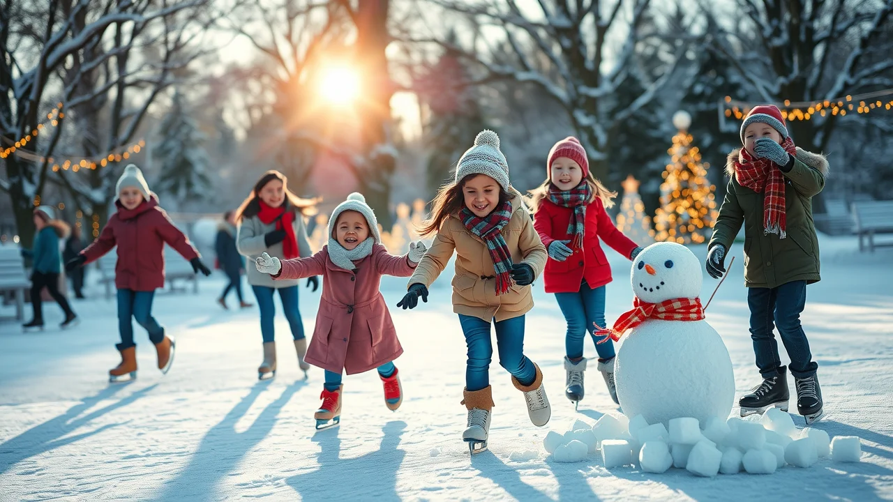 Families ice skating and building snowmen in Cloverdale BC park during Winter Wonderland December events