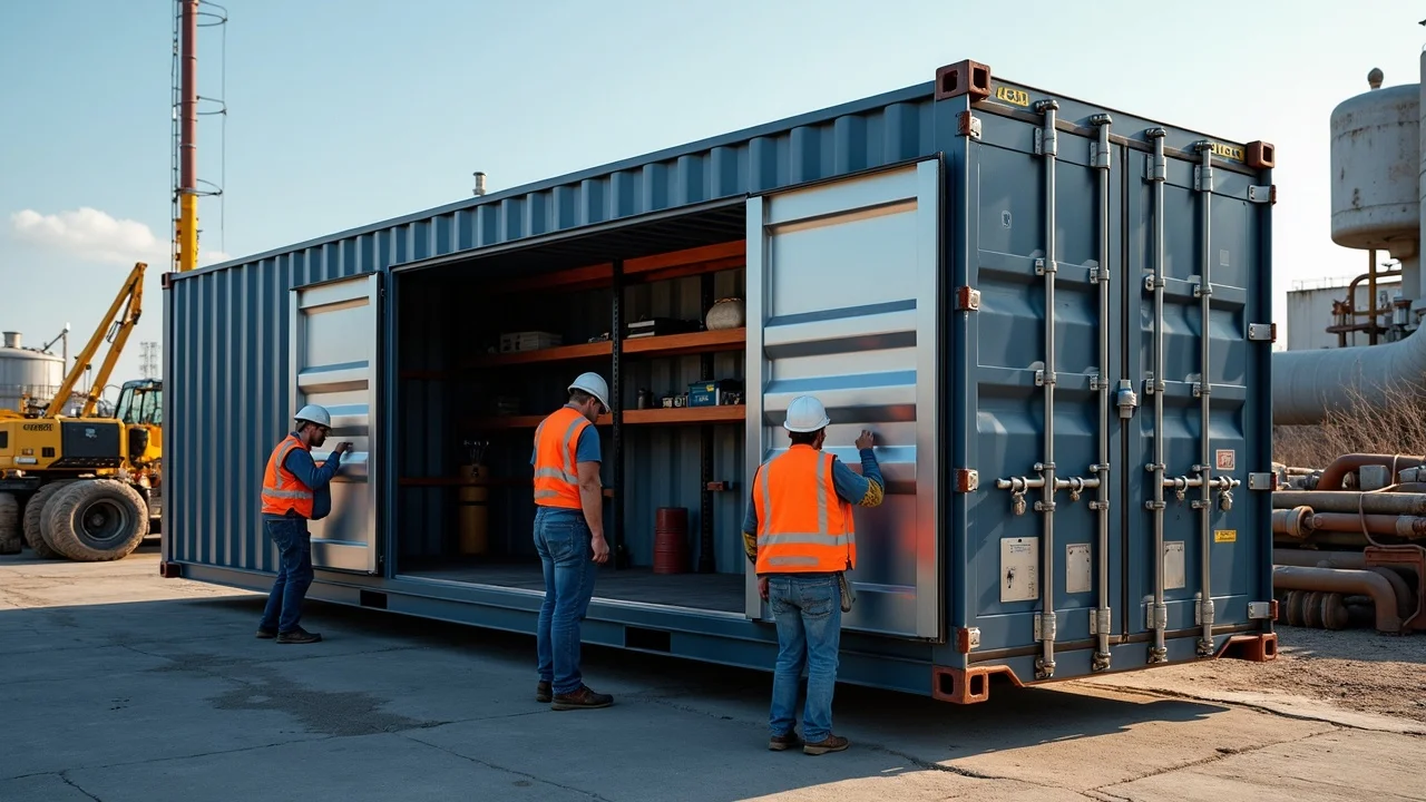 Custom fabricated industrial container by ManCo Rentals & Sales in an industrial yard