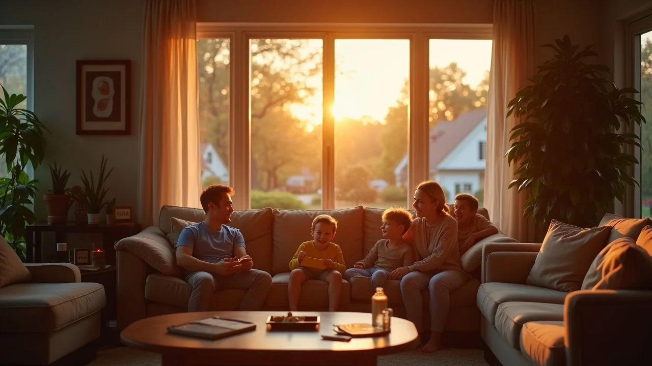 Family relaxed in Douglasville home with expert window tinting on large windows