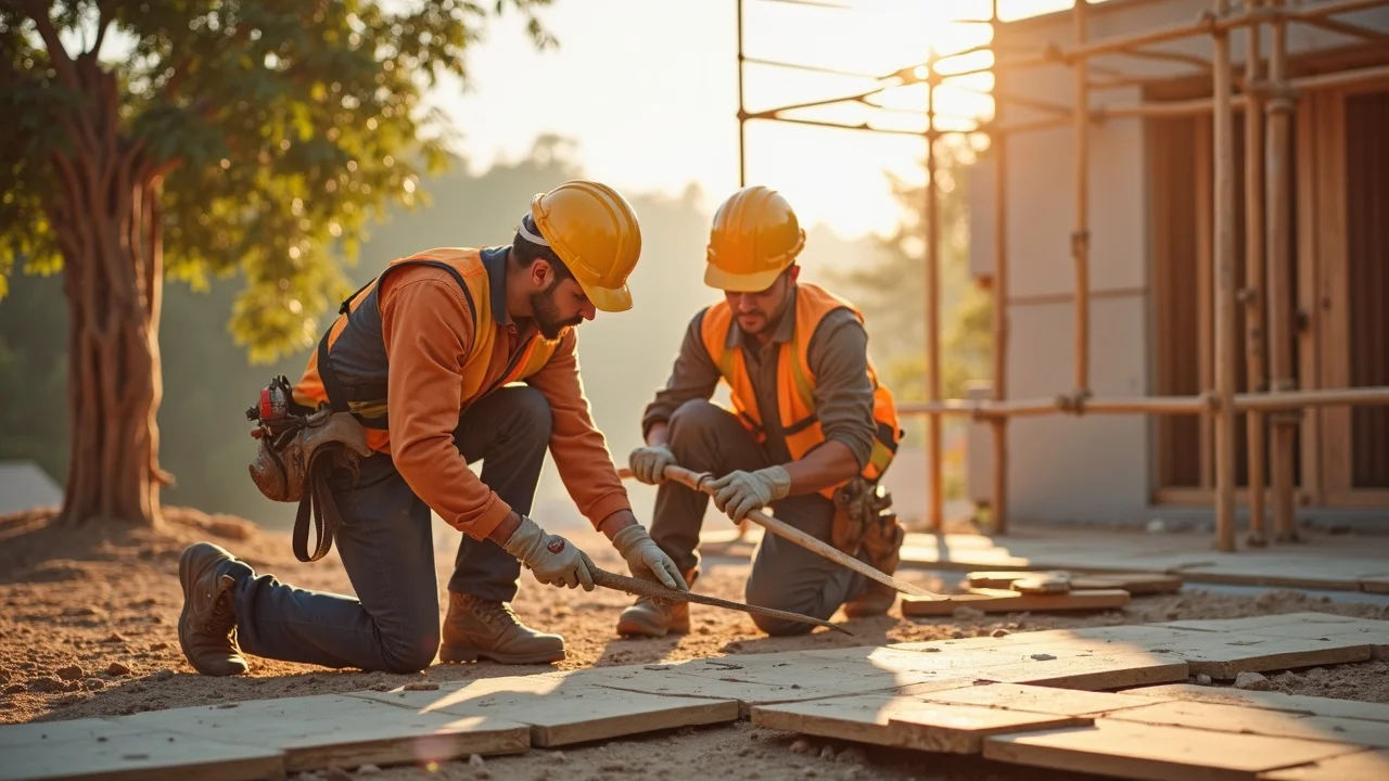 Construction professionals building a modern sustainable home with eco-friendly materials in Louisiana