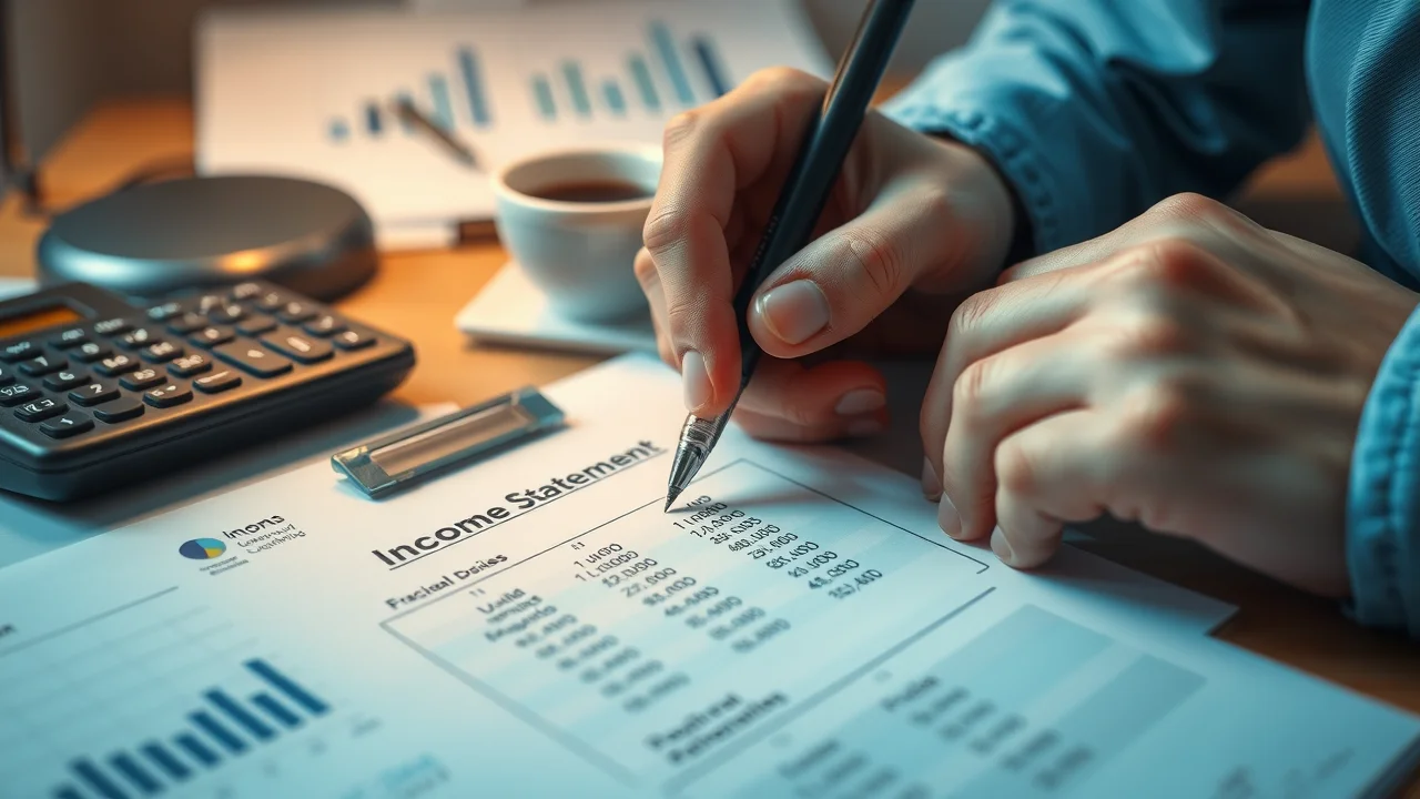 Hands highlighting income statement figures and performing profit analysis