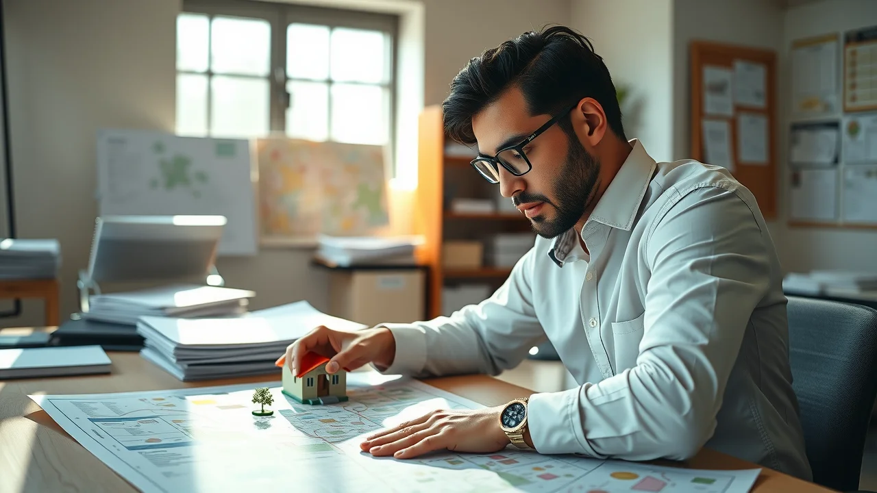 City planner reviewing tiny house movement zoning map in Louisiana office