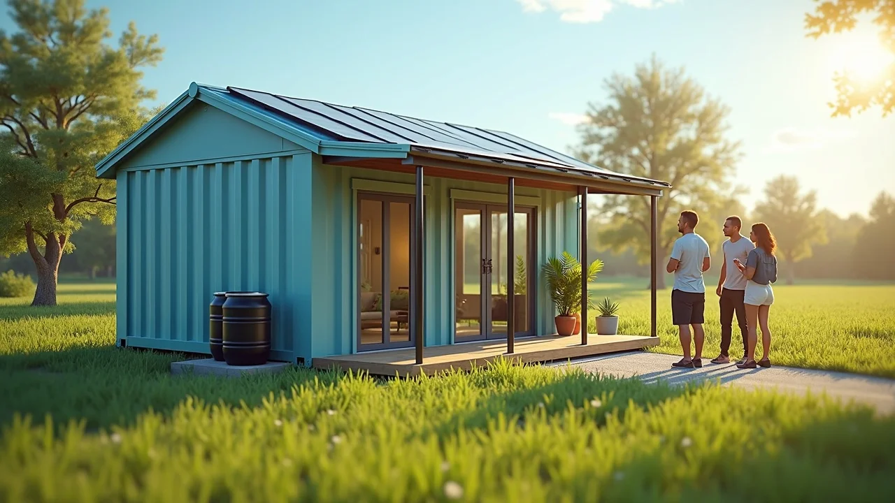 Eco-friendly customized shipping container home with solar panels, rainwater collection system, and happy homeowners on a green Louisiana lot under bright sun.