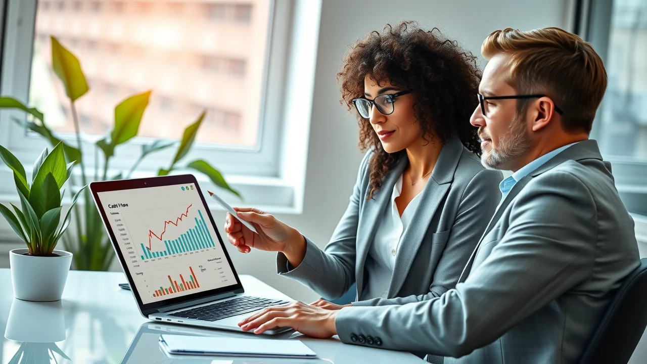 Business professionals reviewing cash flow statements with digital tools