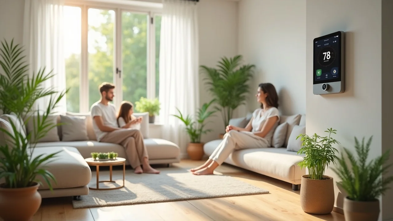 Eco-friendly smart home interior in Louisiana with smart thermostat, indoor plants, and bamboo flooring - sustainable home design