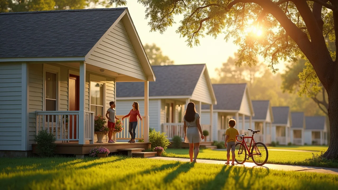 Modern modular homes in a Louisiana neighborhood with families gathering on porches, lush lawns, and oak trees, representing modular housing