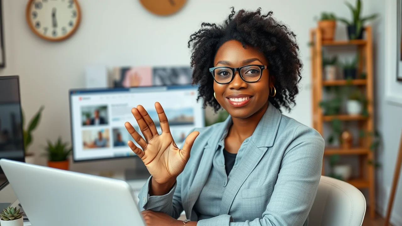 Confident expert teaching content marketing SEO concepts for small businesses with web interface in background