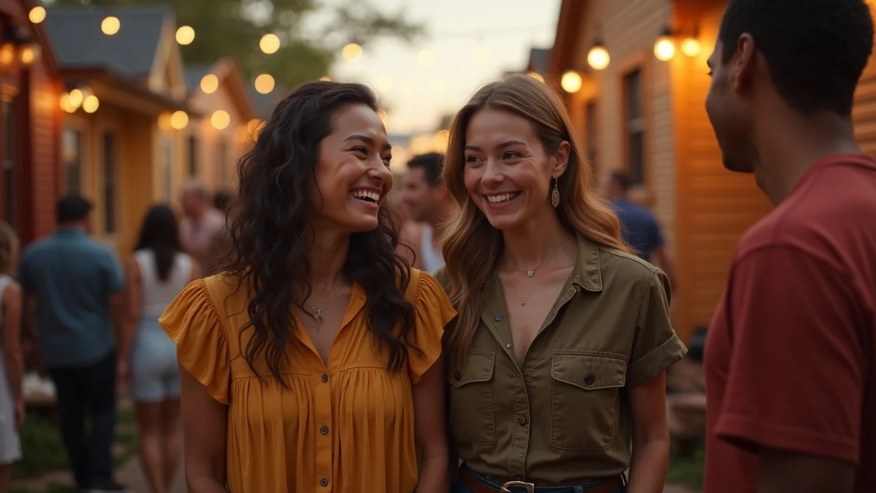 Vibrant Louisiana tiny house community street party at sunset