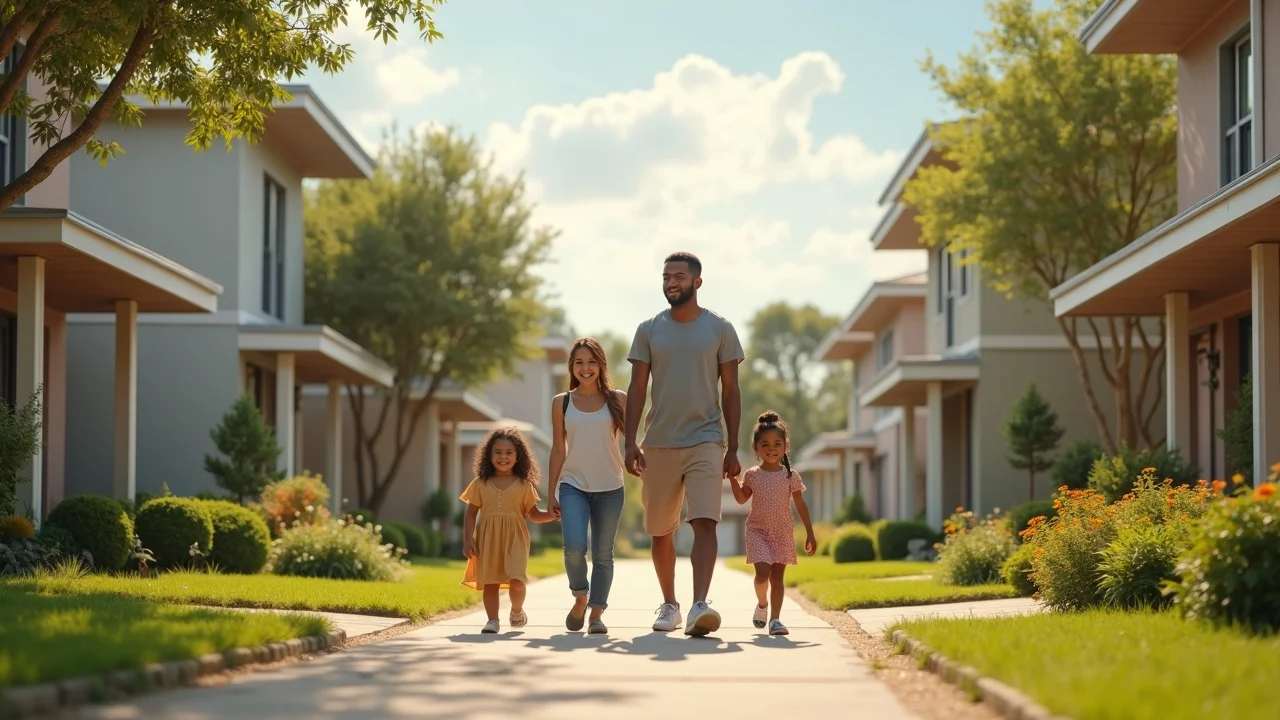 modern affordable housing options in Louisiana neighborhood, families walking, kids playing, lush greenery