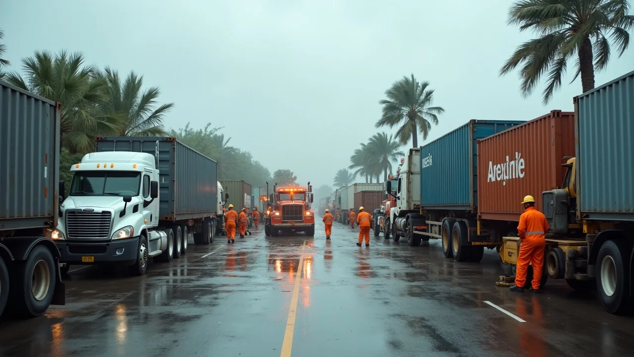 Emergency workers prepare steel containers in Louisiana hurricane readiness plan