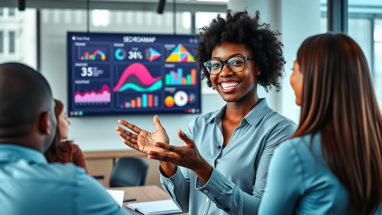 Digital marketing consultant presenting modern SEO services and content-driven strategy for small business team