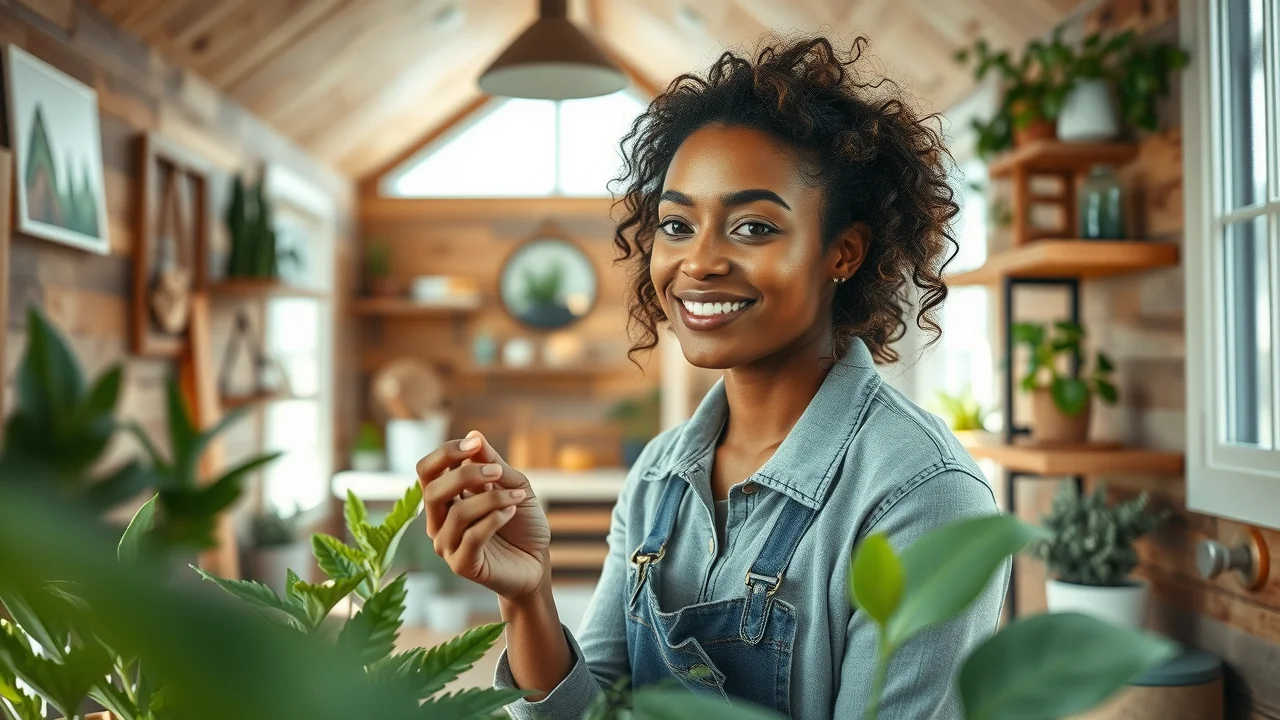 Trendy eco-friendly tiny house interior design with sustainable materials and green accents