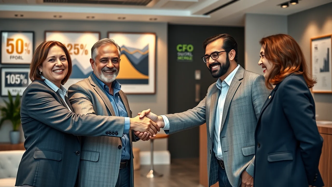 Business owners with outsourced CFO celebrating financial planning success