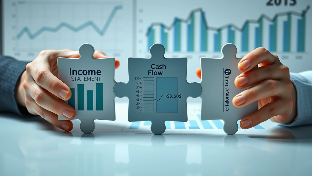 Puzzle pieces symbolizing income statement, cash flow report, and balance sheet connection