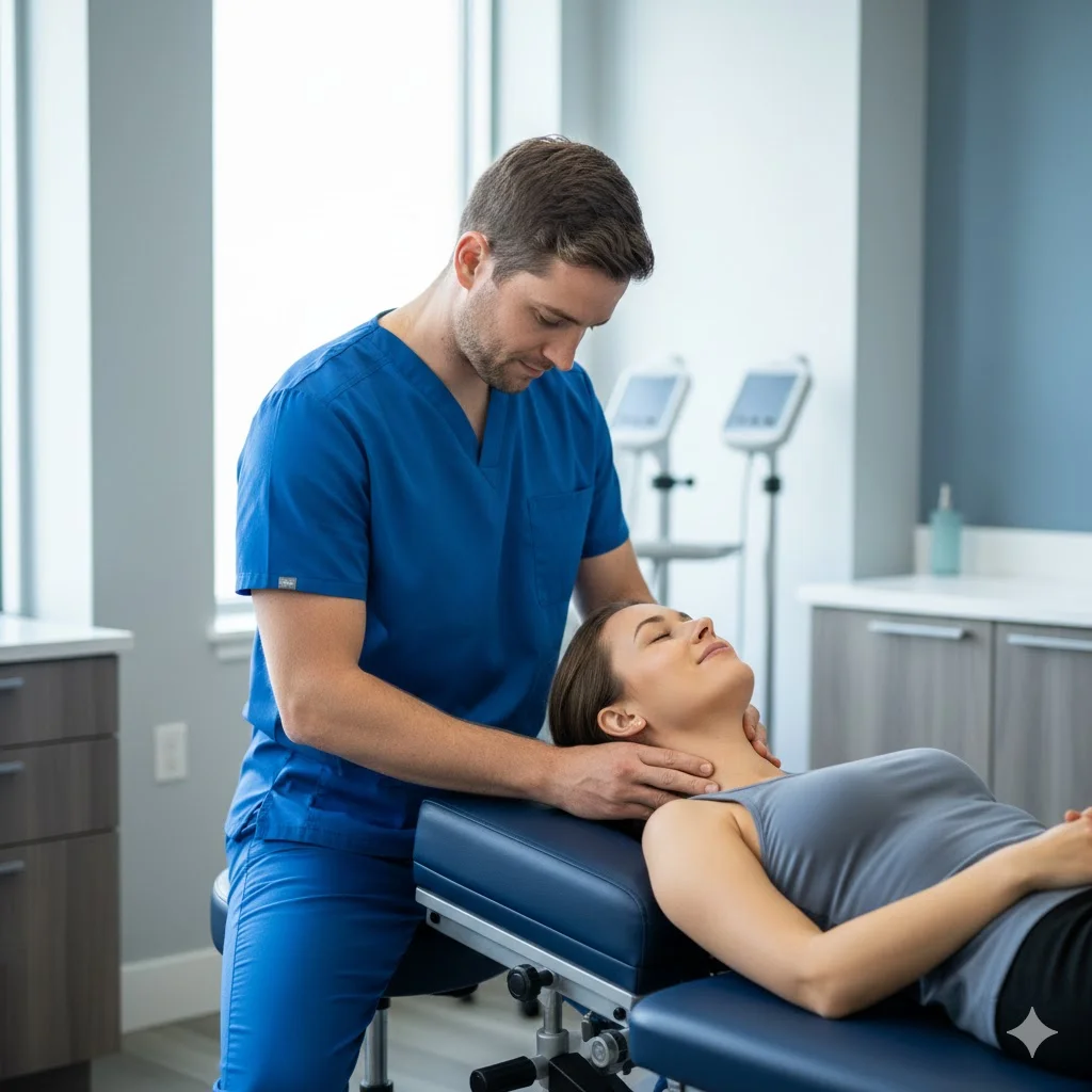 chiropractor sacramento dynamic spinal adjustment, professional chiropractor performing gentle adjustment, patient shows relief in Sacramento CA, modern treatment room, ergonomic equipment
