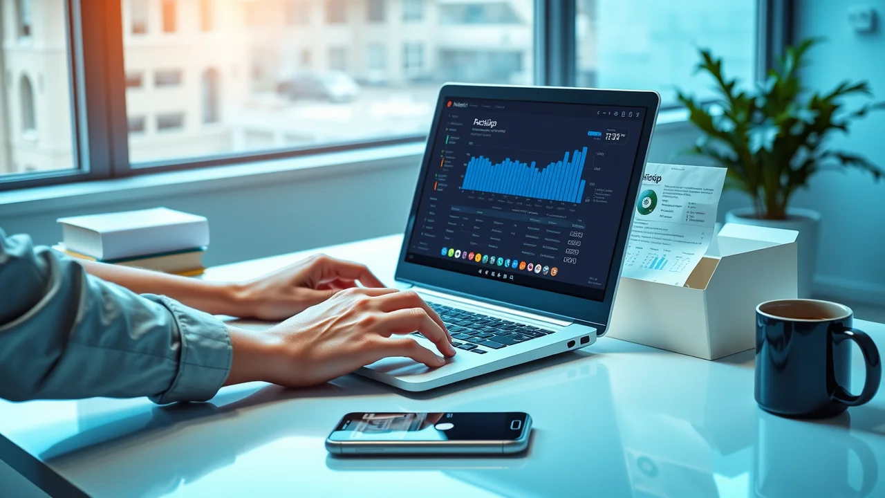 Modern desktop with tax software dashboard for tracking estimated tax payments and deductions