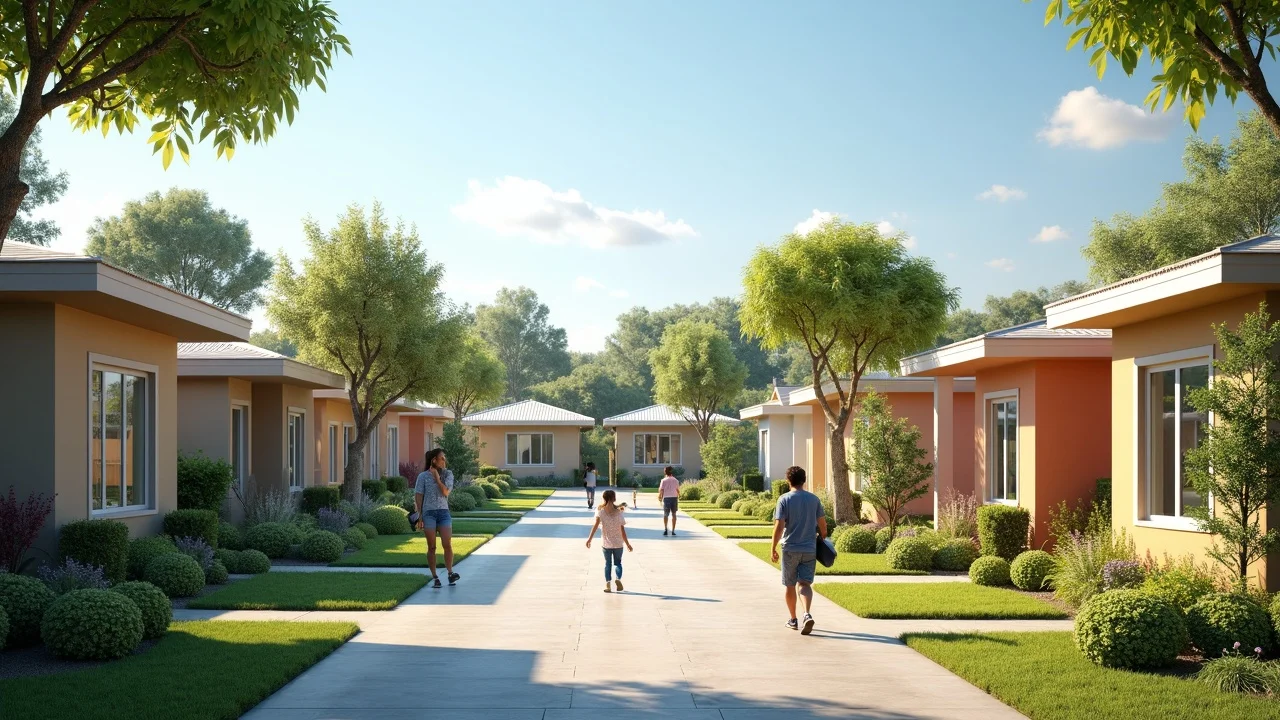 Modern prefabricated homes in a vibrant suburban neighborhood with various prefab home designs, lush landscaping and community interaction, showing the appeal of prefab homes