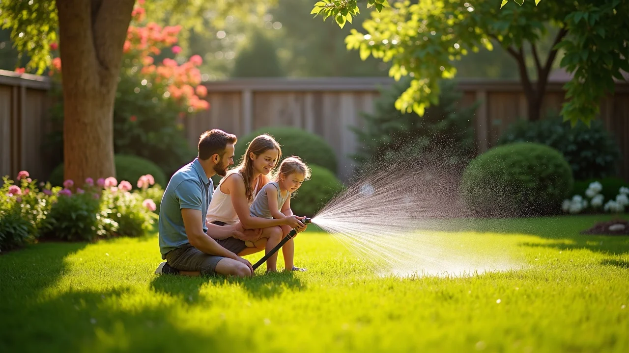 Lush summer backyard lawn showing diverse plantings and effective yard maintenance