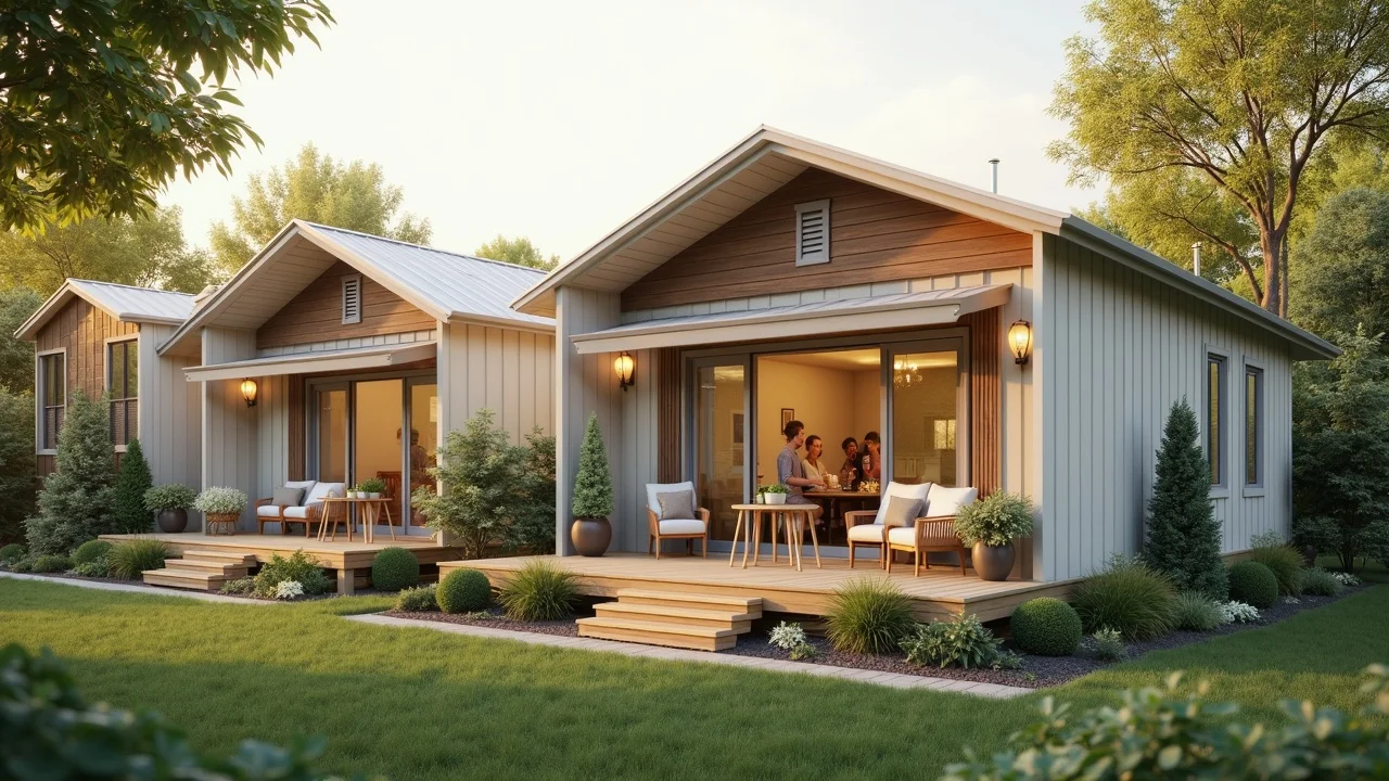 Elegant modular and panelized prefab homes side by side, welcoming families enjoying the porch in a green residential lot, showing the diversity and warmth of prefab design