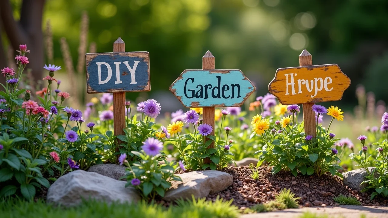 DIY garden sign ideas included in lush garden landscaping, colorful handmade signs among blooming beds, photorealistic and detailed