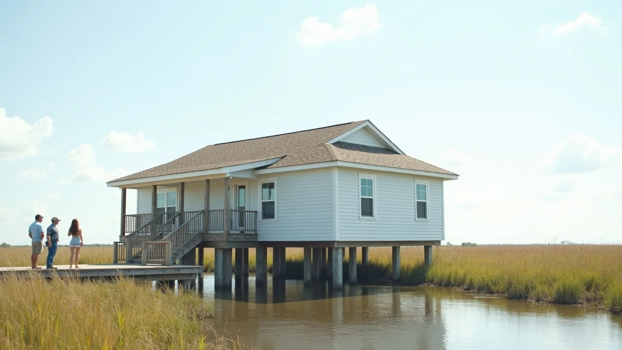 Modular home raised on pilings in a Gulf Coast flood zone, with engineers and homeowners inspecting the foundation, showing regulatory compliance for modular housing