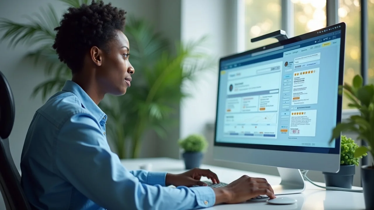 Small business owner reviewing digital reputation dashboard, enhancing online brand reputation