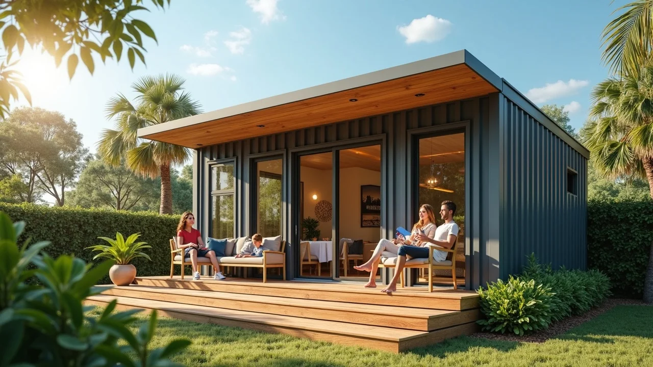 Modern shipping container home with relaxed, happy occupants enjoying their porch in a lush Southern suburban setting, natural wood deck, greenery, and bright sunlight.