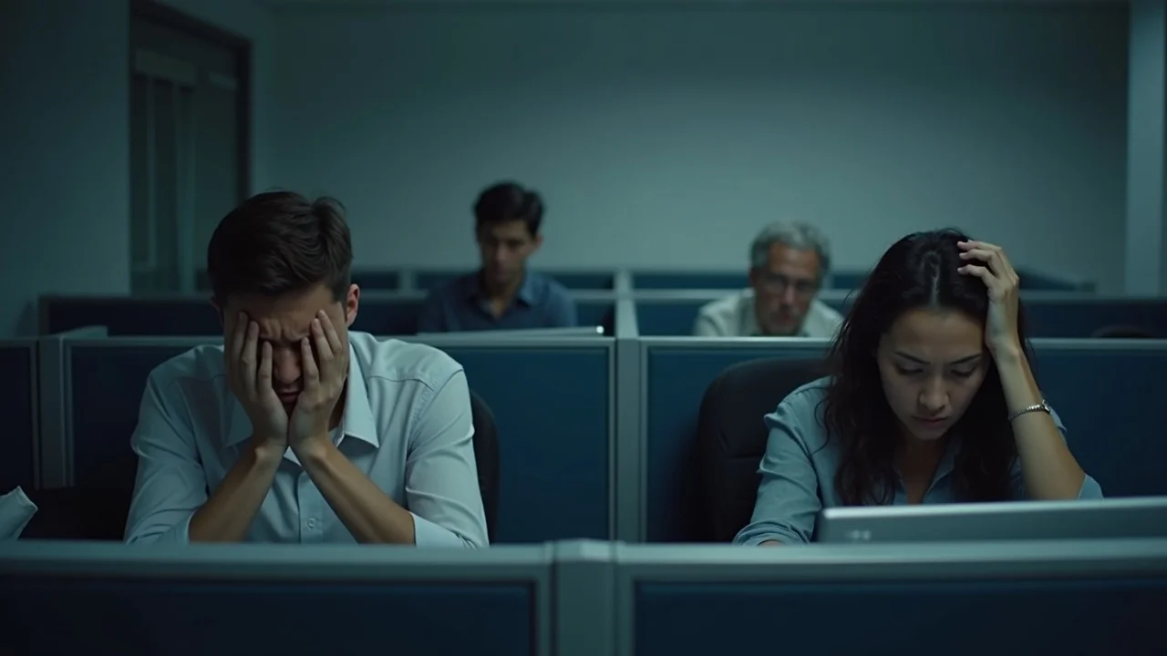 Unhappy employees feeling the negative effects of authoritarian leadership syles, stressed work environment, disengaged team members