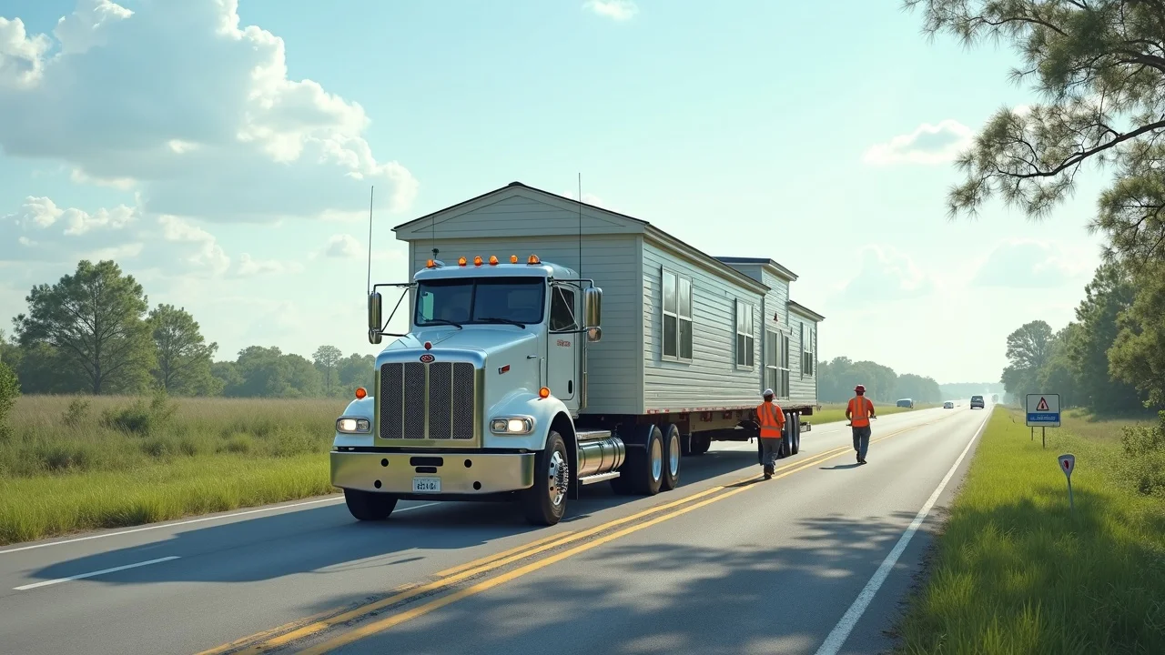 Prefab home being transported on a truck along a scenic Louisiana highway, workers guiding delivery, demonstrating transport of prefabricated homes